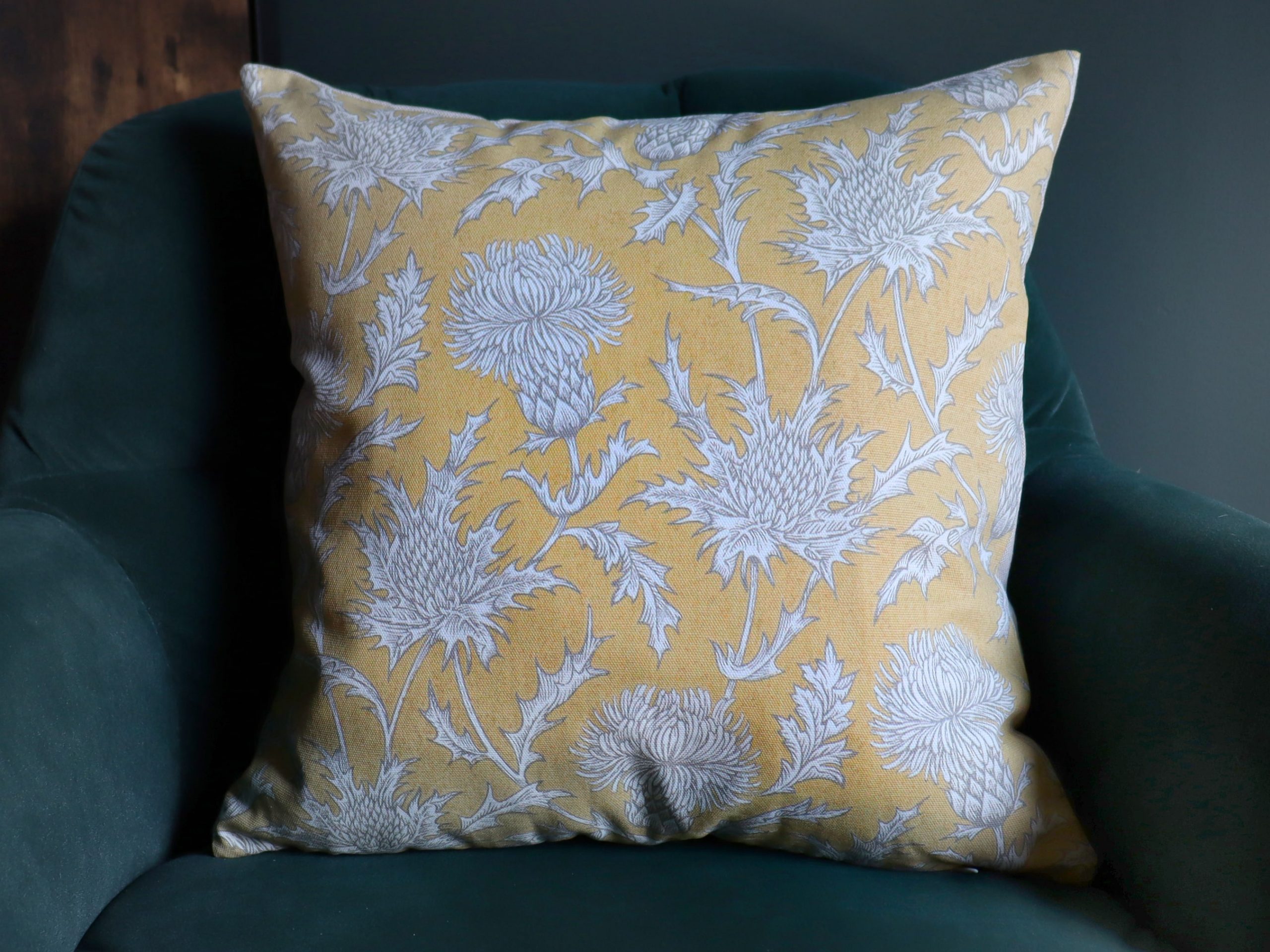 Mustard Thistle 40cm Sofa Cushion, Country Home