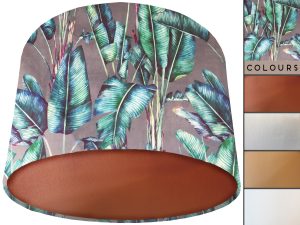 Tropical Grey Velvet Lampshade Copper, Bold Tropical Interior Lighting