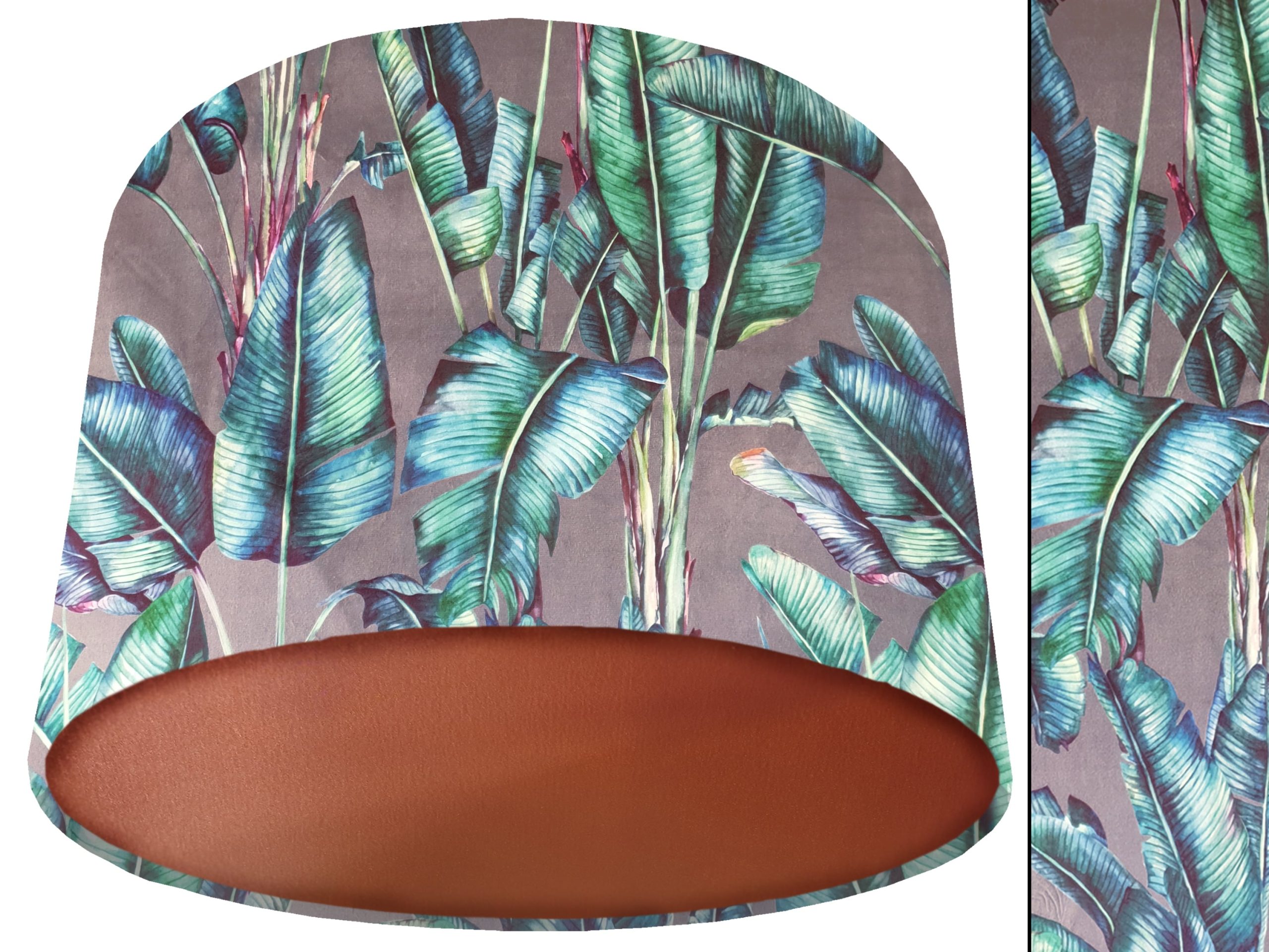 Tropical Grey Velvet Lampshade Copper, Bold Tropical Interior Lighting