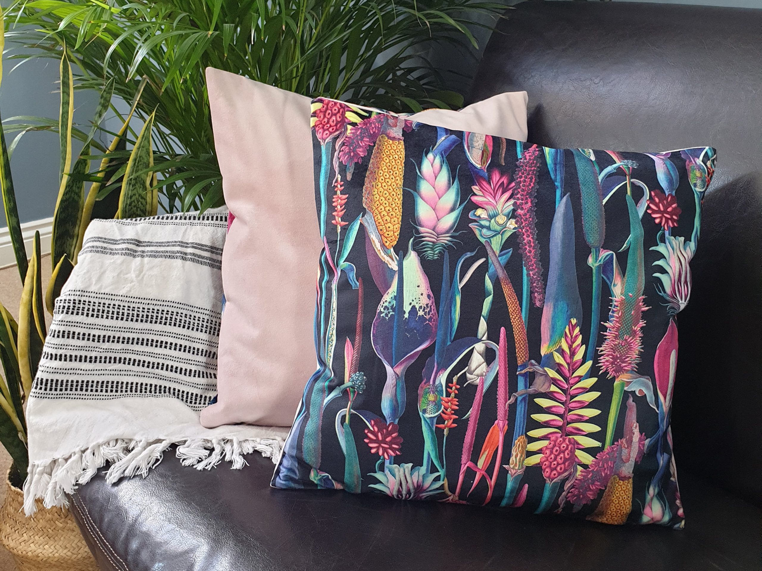 Black Botanical Velvet Cushion, Statement Scatter Cushion