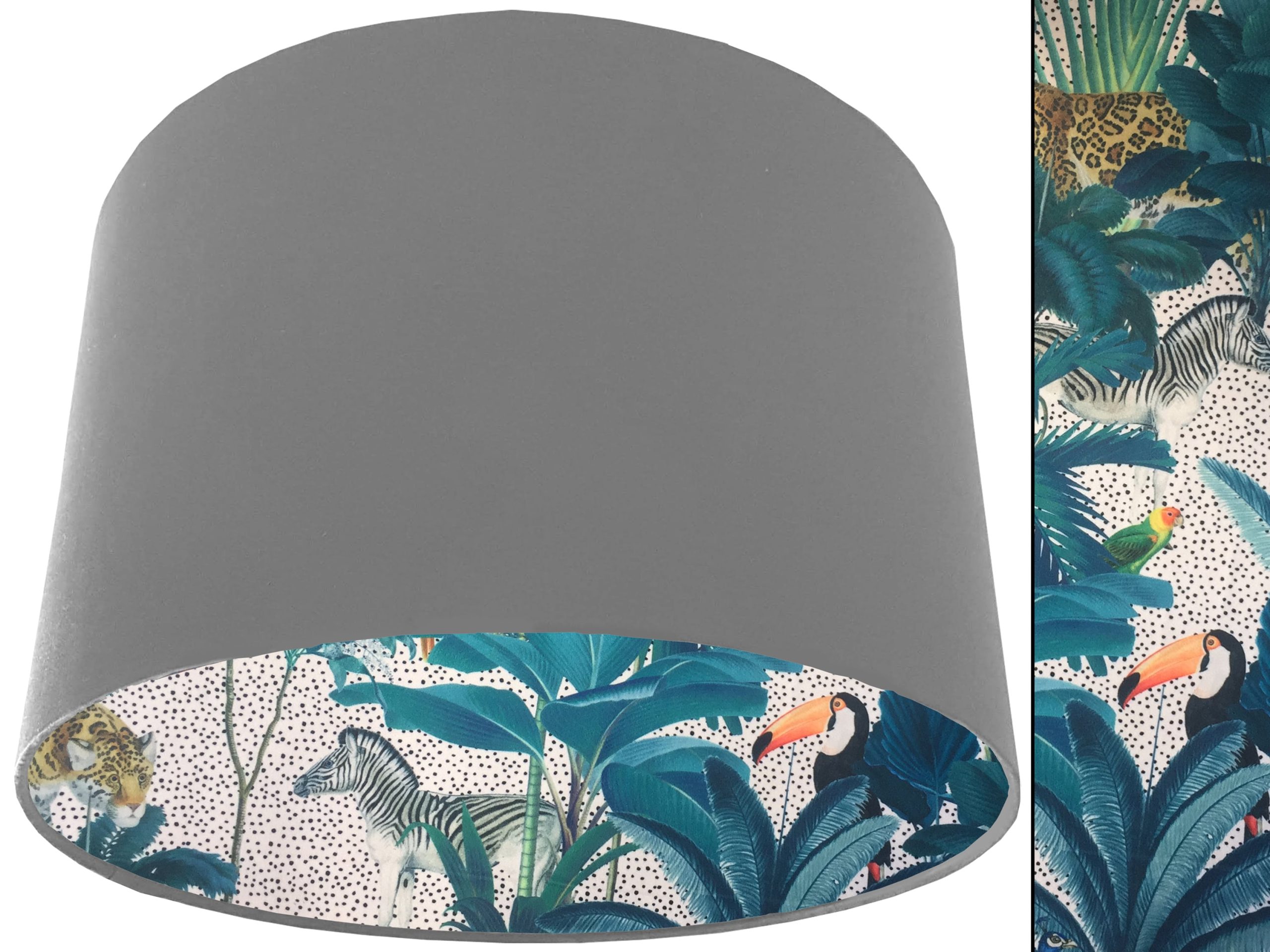 Light Jungle Velvet Lampshade Light Grey, Colourful Tropical Interior