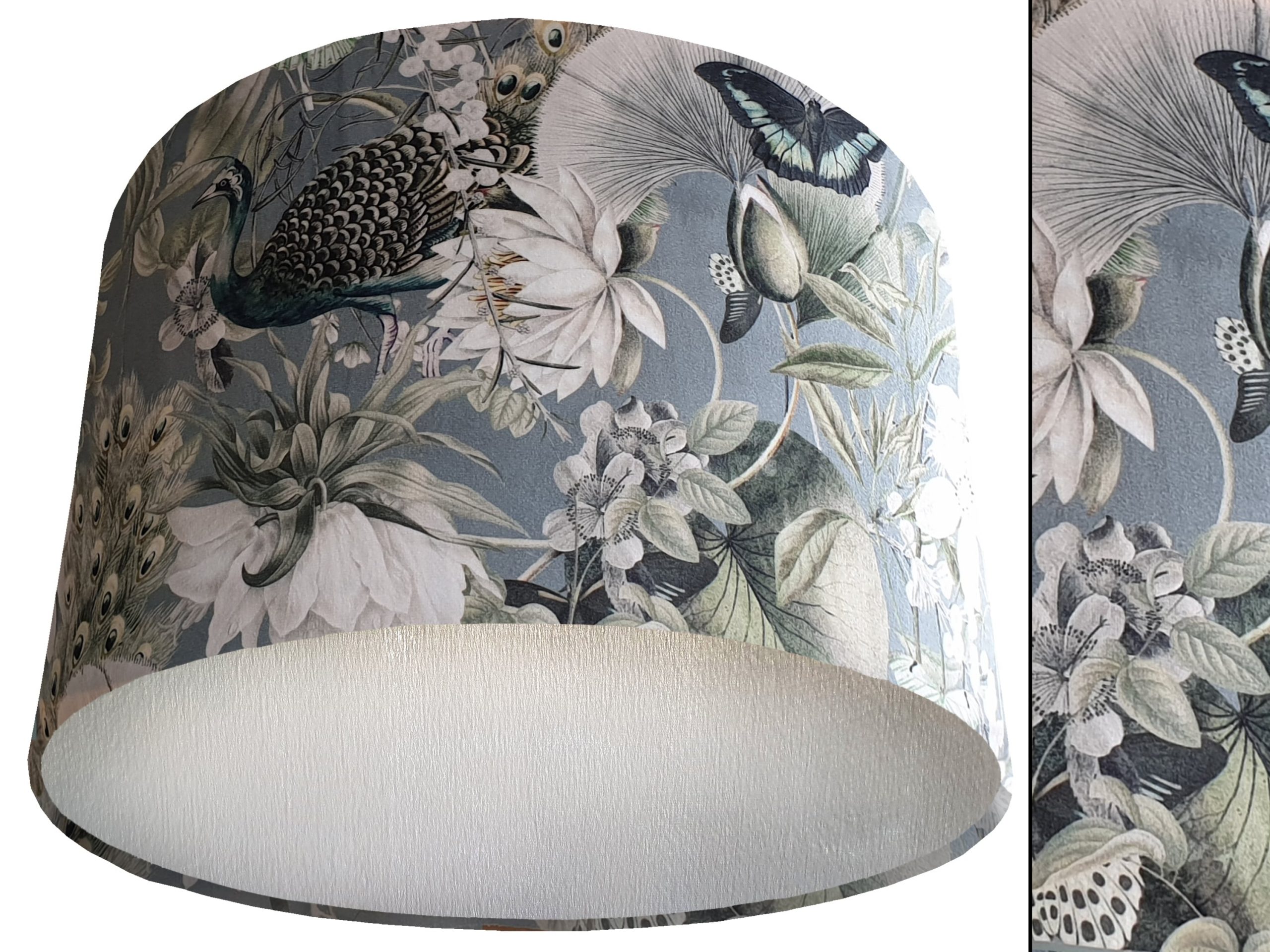 Victorian Botanical Blue Grey Velvet Lampshade Silver, Traditional