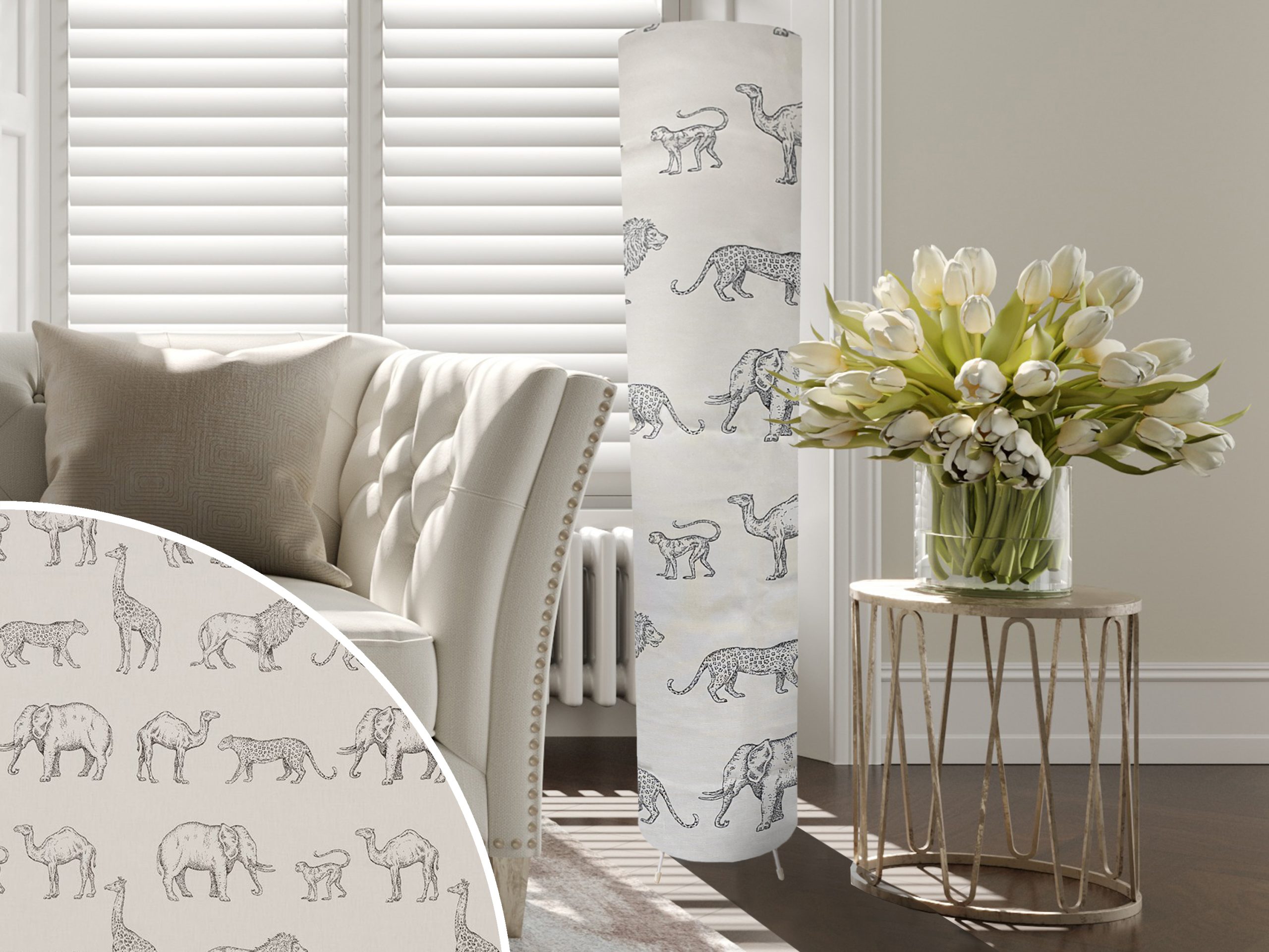 Savannah Animals Floor Lamp, Animal Print Fabric - Light Owl