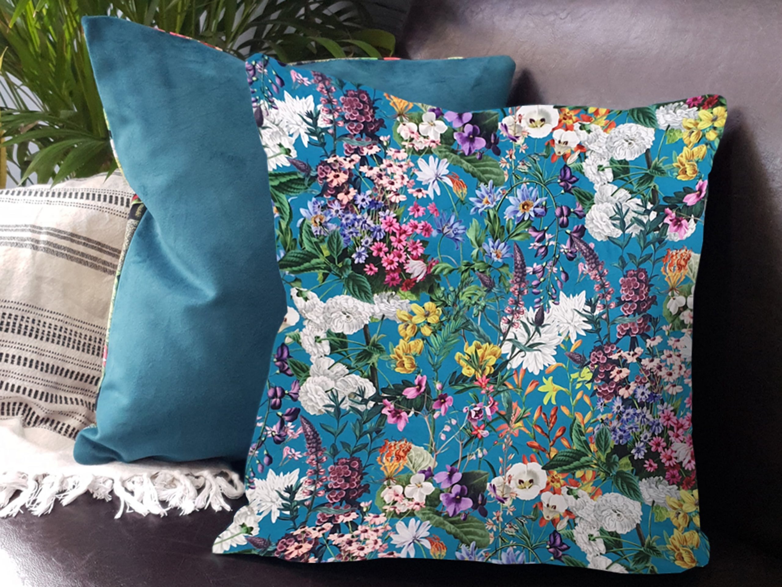 Bright Garden Flowers Velvet Cushion, Luxury Home