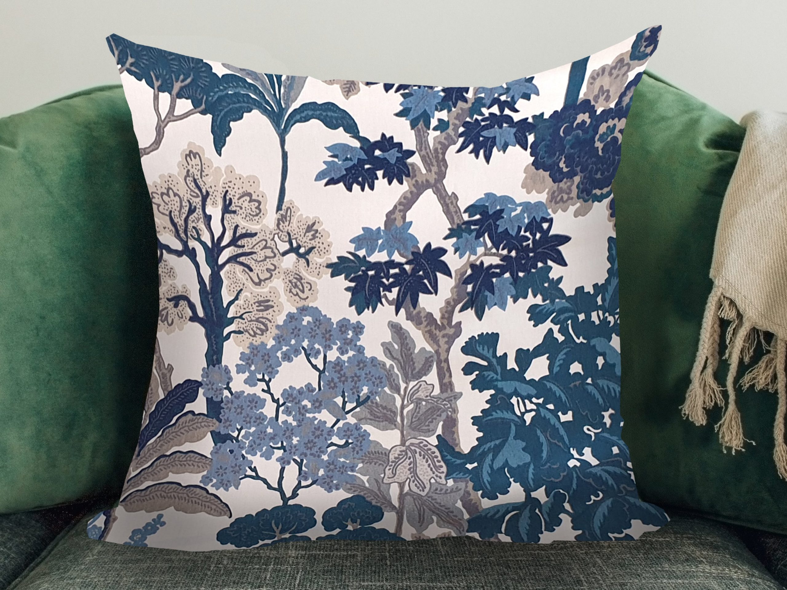 Oriental Trees Blue Sofa Cushion, Modern Botanical Light Owl
