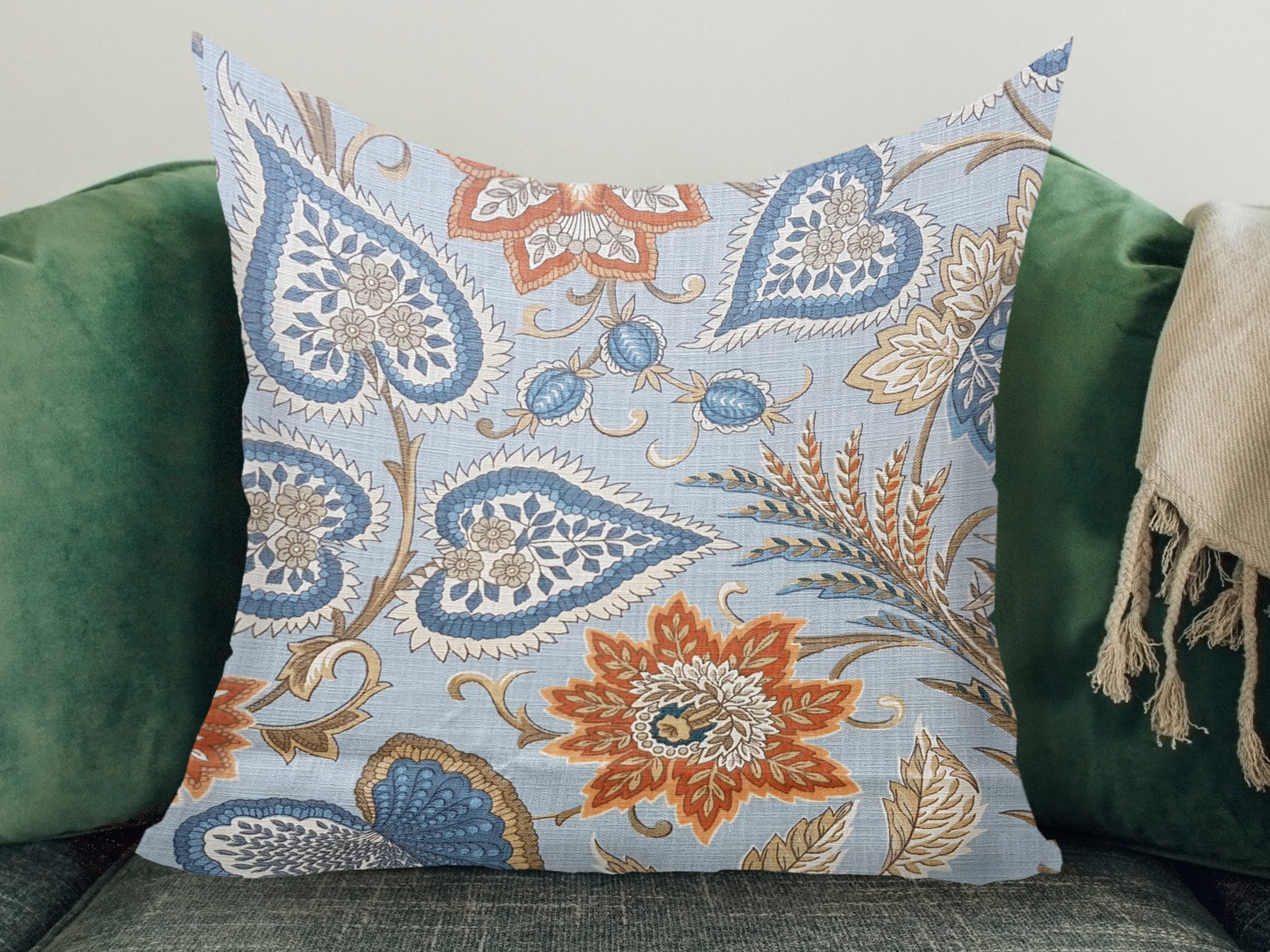 Sky Blue Botanical Sofa Cushion, Modern Country Light Owl