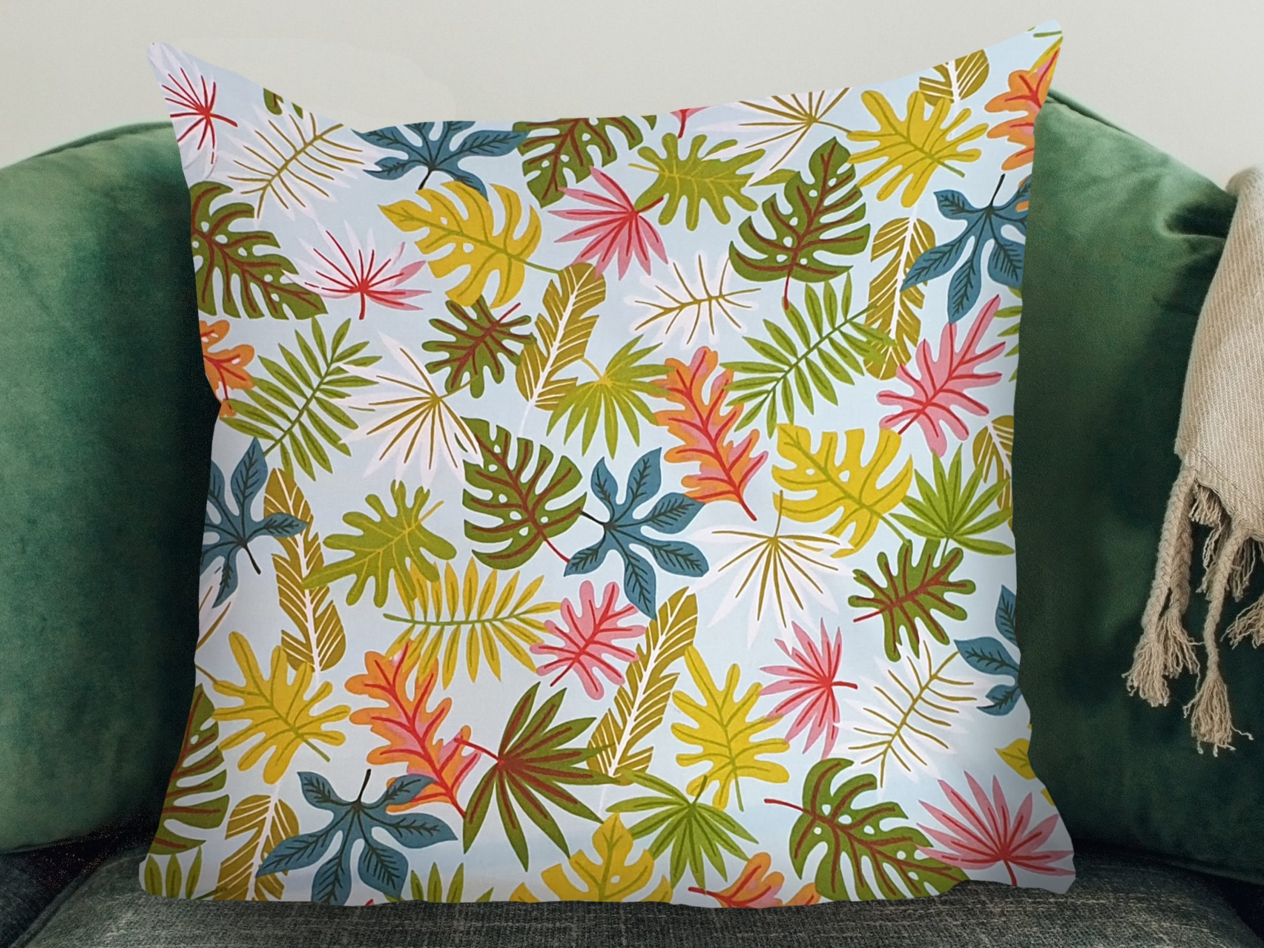 Tropical Leaf Mint Sofa Cushion, Exotic Home Interior
